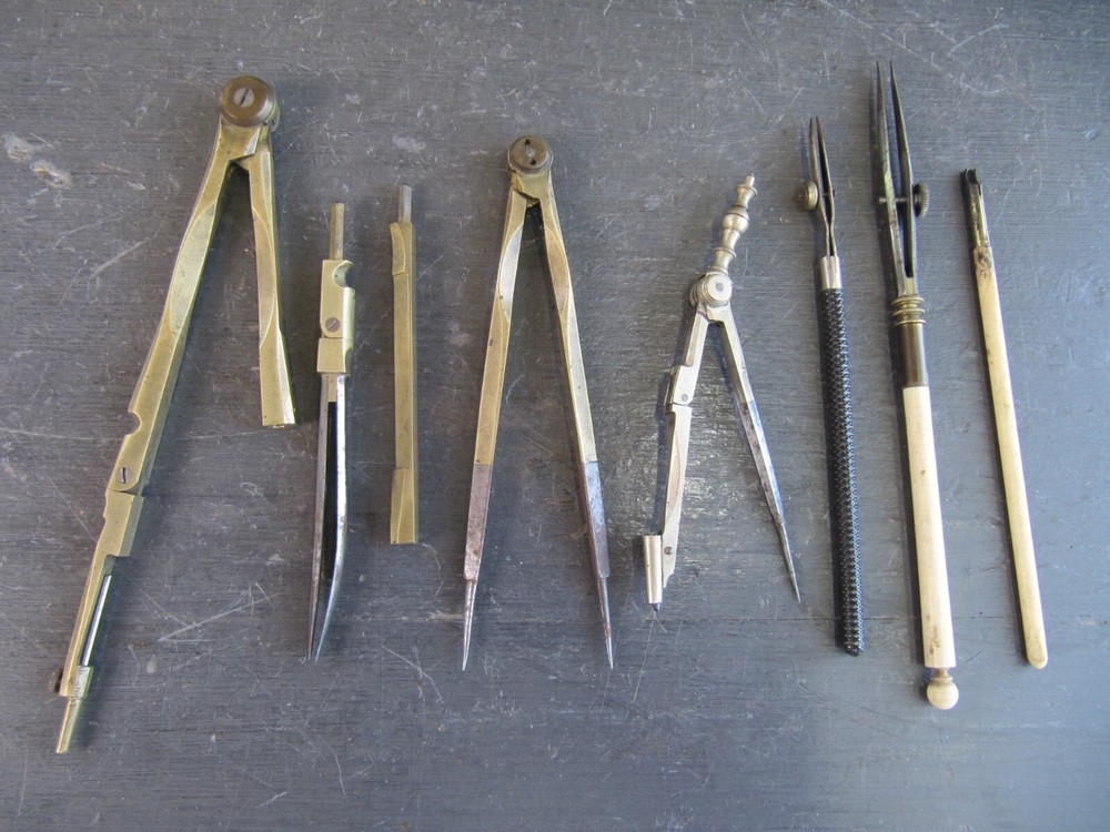 Antique Brass Drawing Engineering Draughtsman's Tools in Rosewood Box