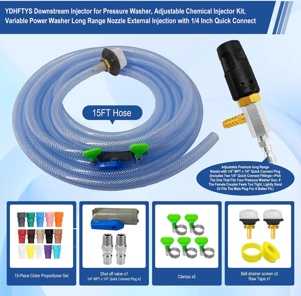 Adjustable Long Range Nozzle for Pressure Washer, Downstream Injection Spray Noz
