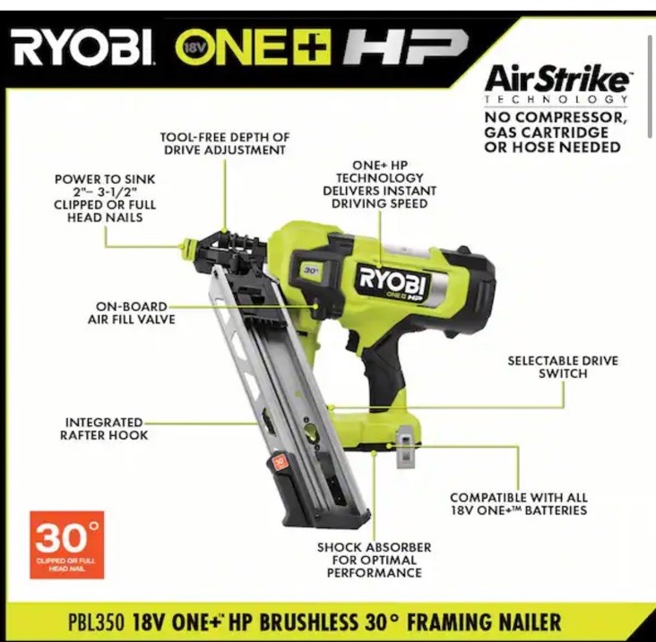 **New RYOBI 18V Brushless Cordless AirStrike 30° Framing Nailer Tool Only