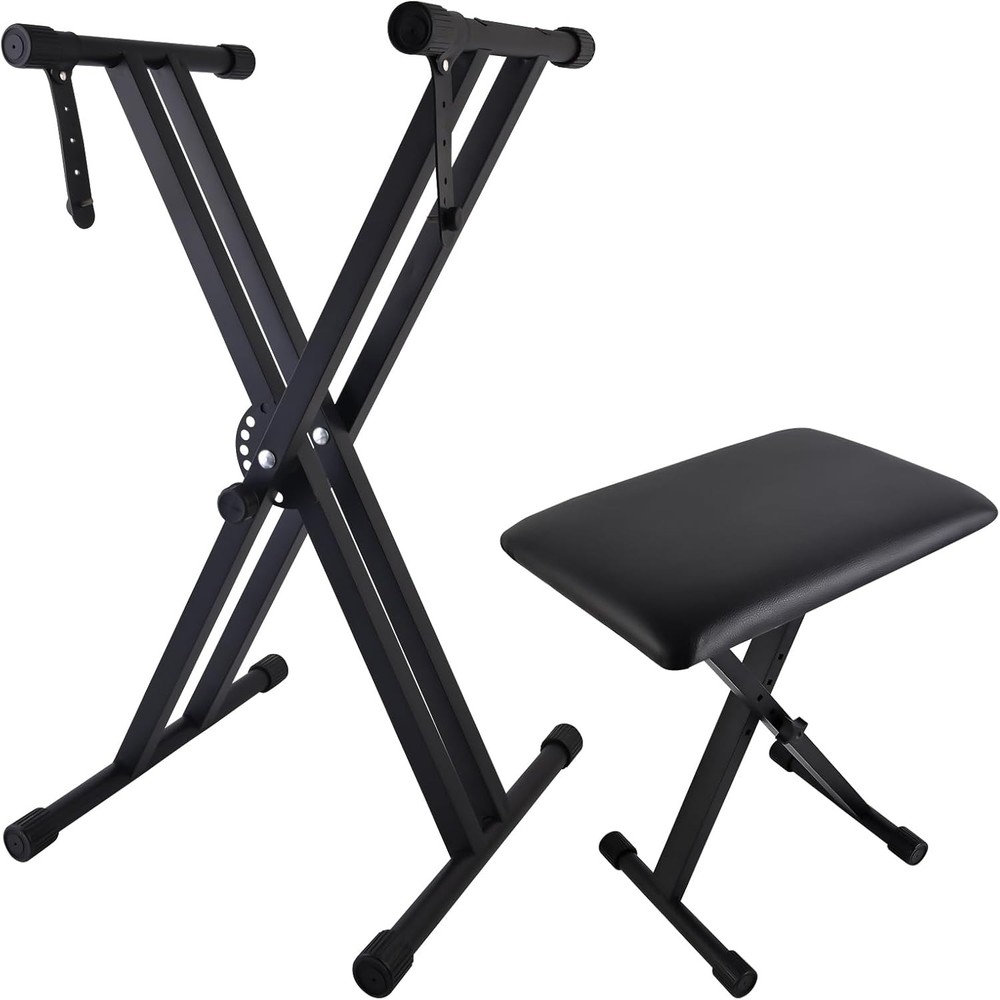 Piano Keyboard Stand and Bench Set, Double-X Adjustable Black