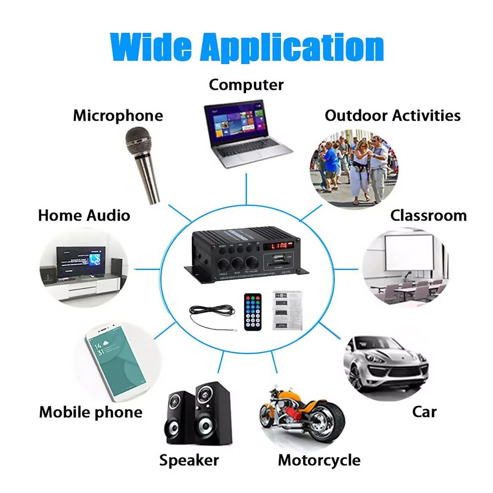 AK370 Power Digital Amplifier Bluetooth HIFI Stereo SD Card U disk AUX input