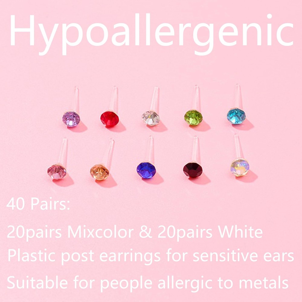 40 Pairs CZ Hypoallergenic Plastic Earrings for Sensitive Ears Plastic Stud E...