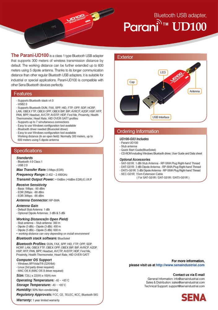 Bluetooth 4.0 USB Serial Adapter - Parani-UD100-G03