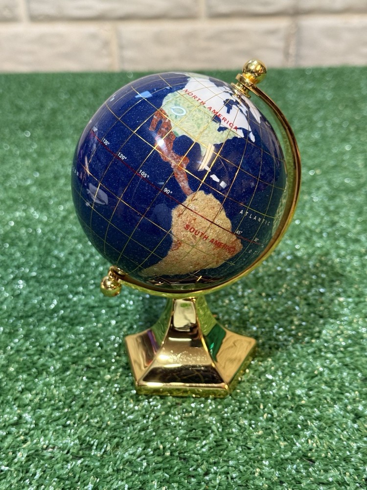 Gemstone Tabletop Globe Multicolor with Gold Base, Small Decorative, Rotating