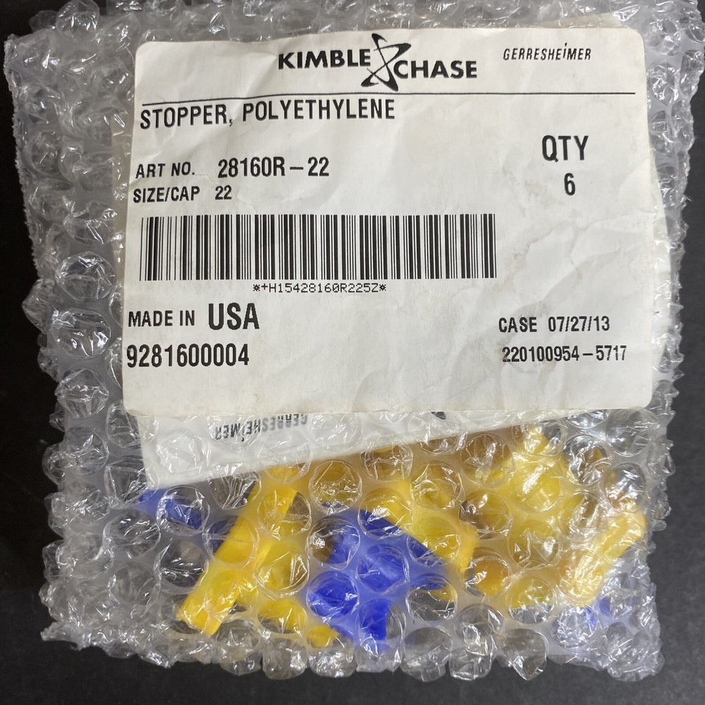 Kimble Chase Stopper 22 mm Polyethylene Yellow 6 Stoppers
