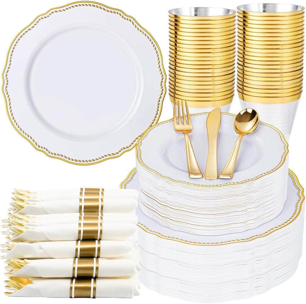 White and Gold Plastic Plates - Gold Plastic Dinnerware Set