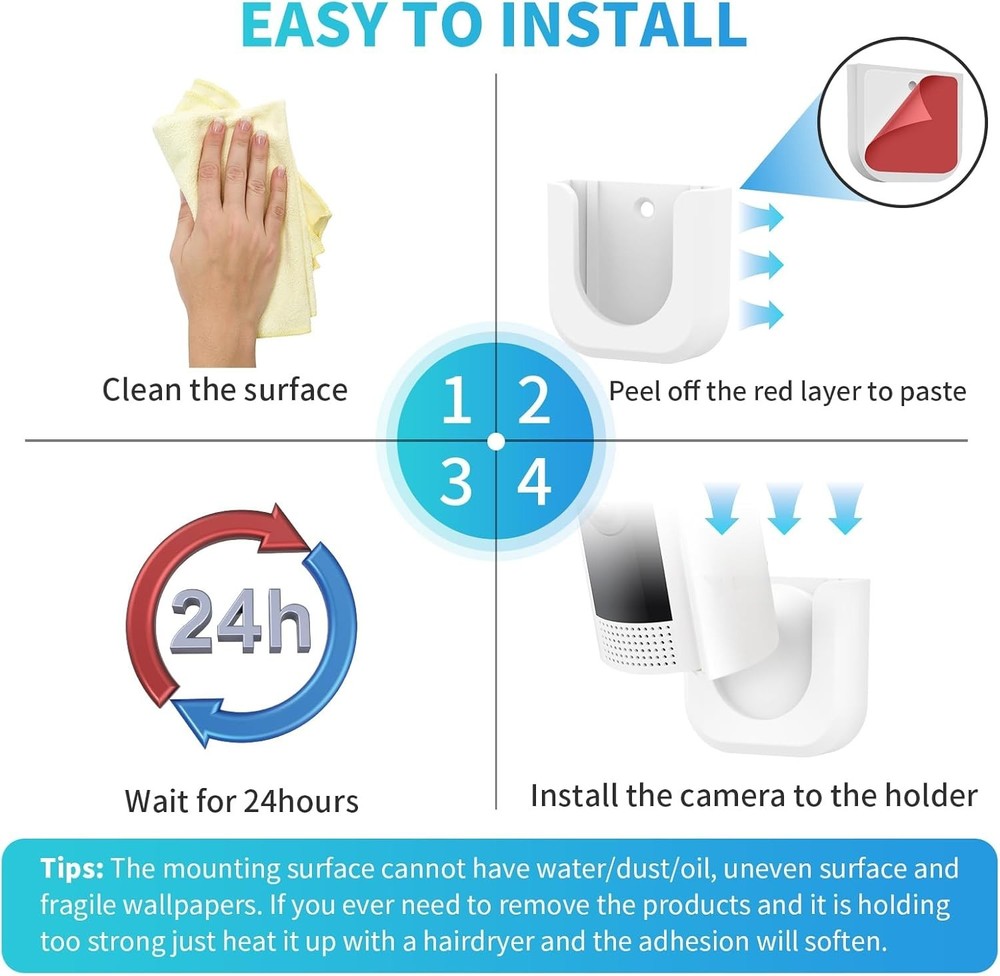 2-Pack White Adjustable Wall Mount Bracket for Indoor Cameras - Strong Adhesive