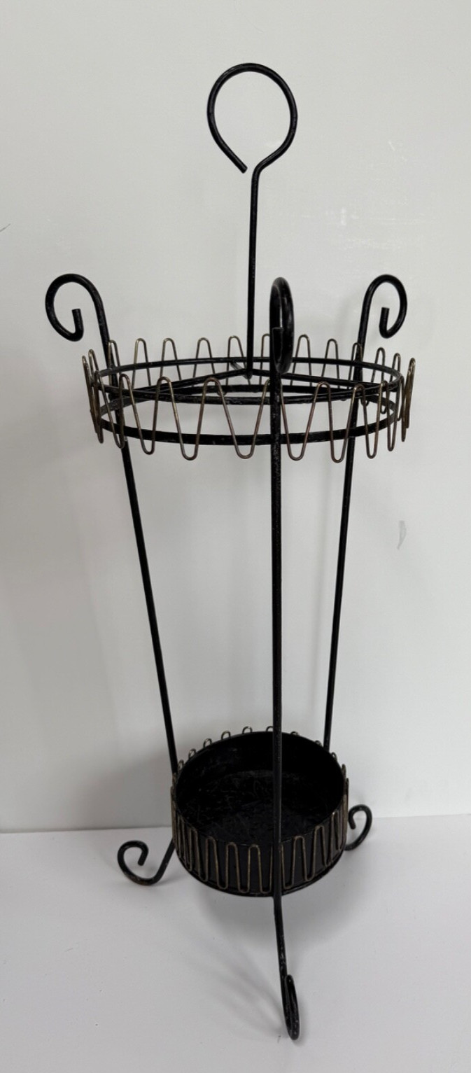 Vtg MCM Umbrella Stand cane walking-stick Holder Black Metal Gold-tone Trim 29"h