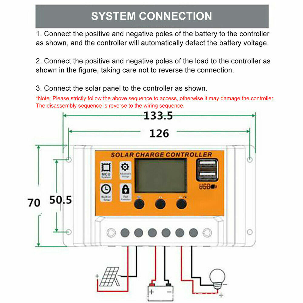 100A MPPT Solar Power Panel Regulator Charge LCD Controller 12/24V Dual USB US