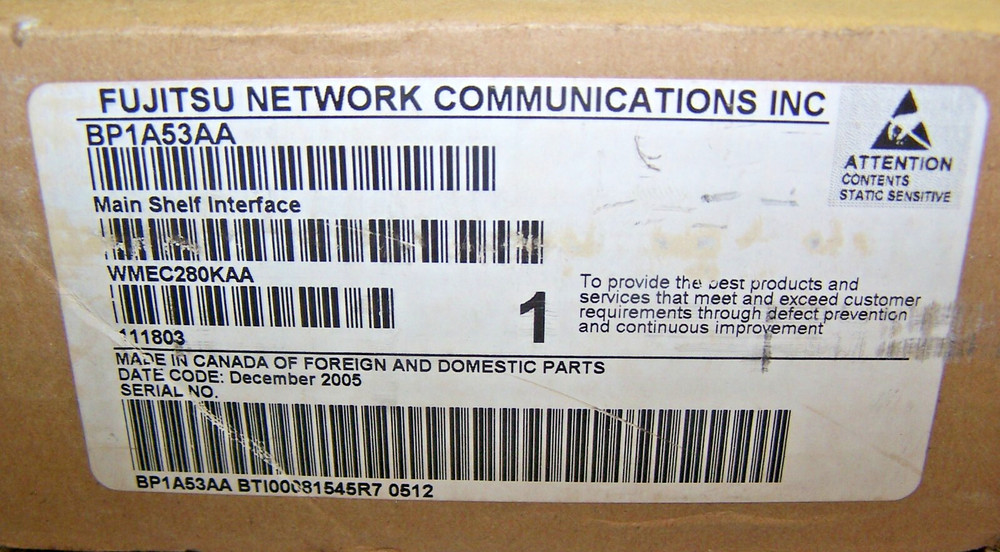 New Fujitsu Network Communications Main Shelf Interface BP1A53AA / WMEC280KAA