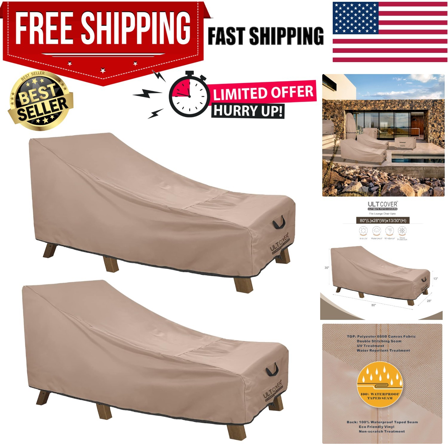 Durable Waterproof Outdoor Lounge Chair Cover - 80L x 28W, Perfect Protection