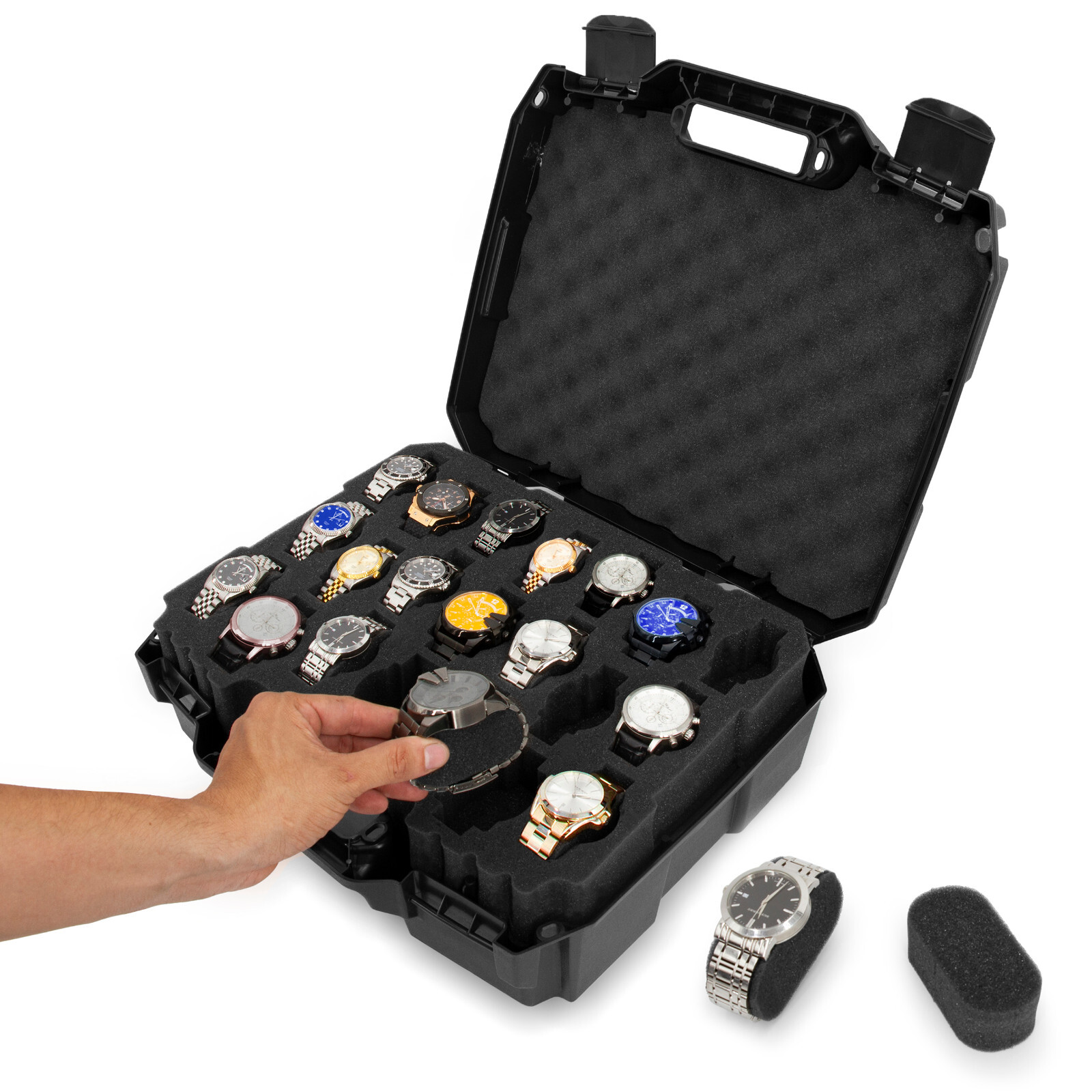 CM Watch Box Display Case Fits 42 Watches in Custom Foam, Travel Watch Case Only