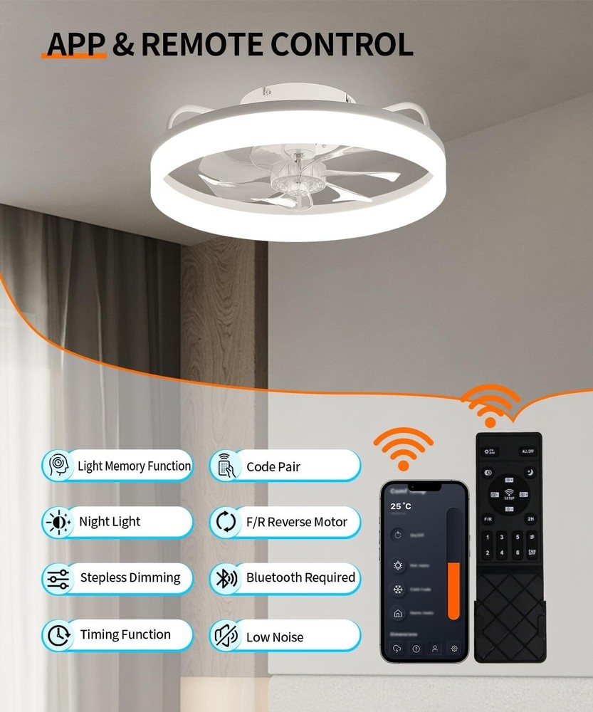 20" Modern Fan Lights Flush Mount LED Ceiling Light kit With Remote APP Control
