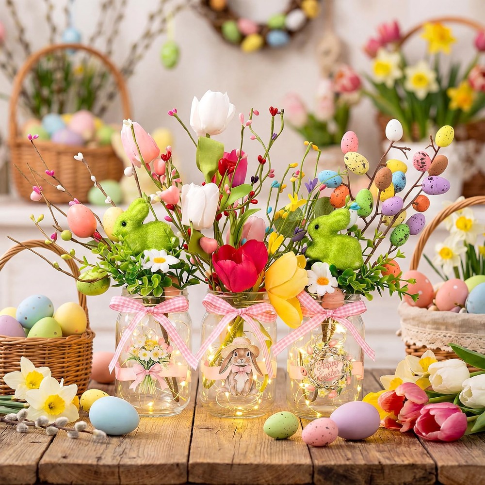 3 Sets Easter Centerpiece Table Decorations DIY Mason Jar Light Decoration wi...