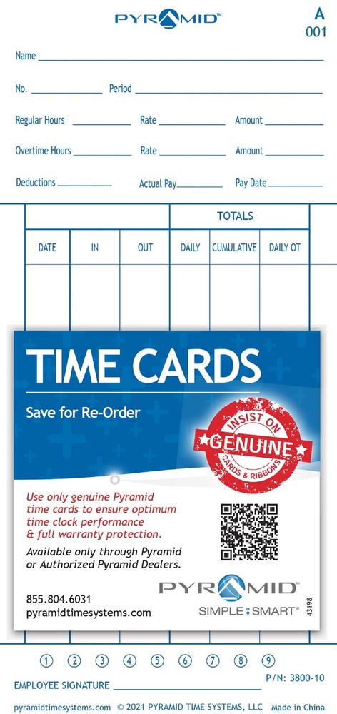 Pyramid Technologies 380010 Time Cards For 3800 Time Clock, 100/pack