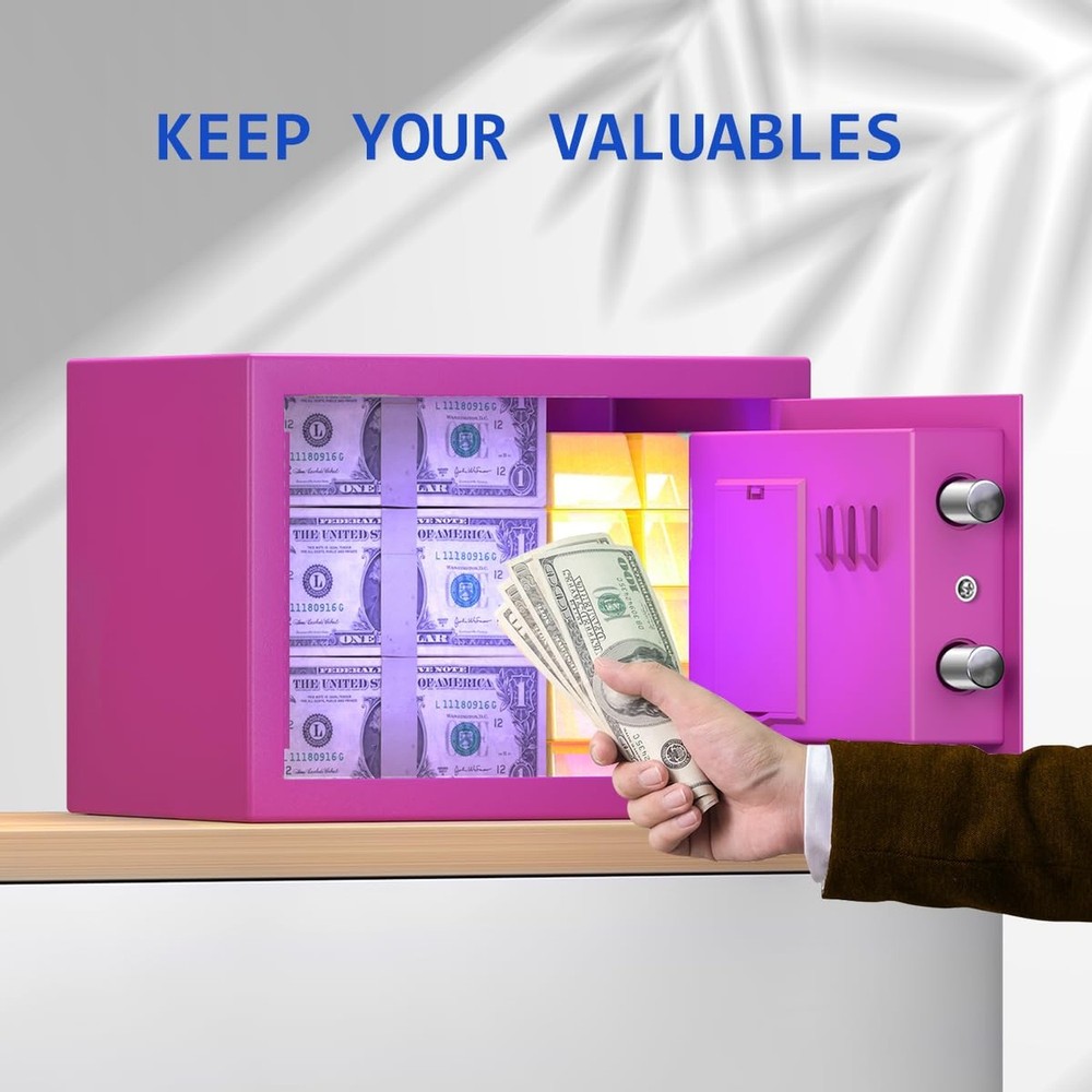 Pink Safe Box with Sensor Light, Electronic Digital Keypad, Steel Constructio...
