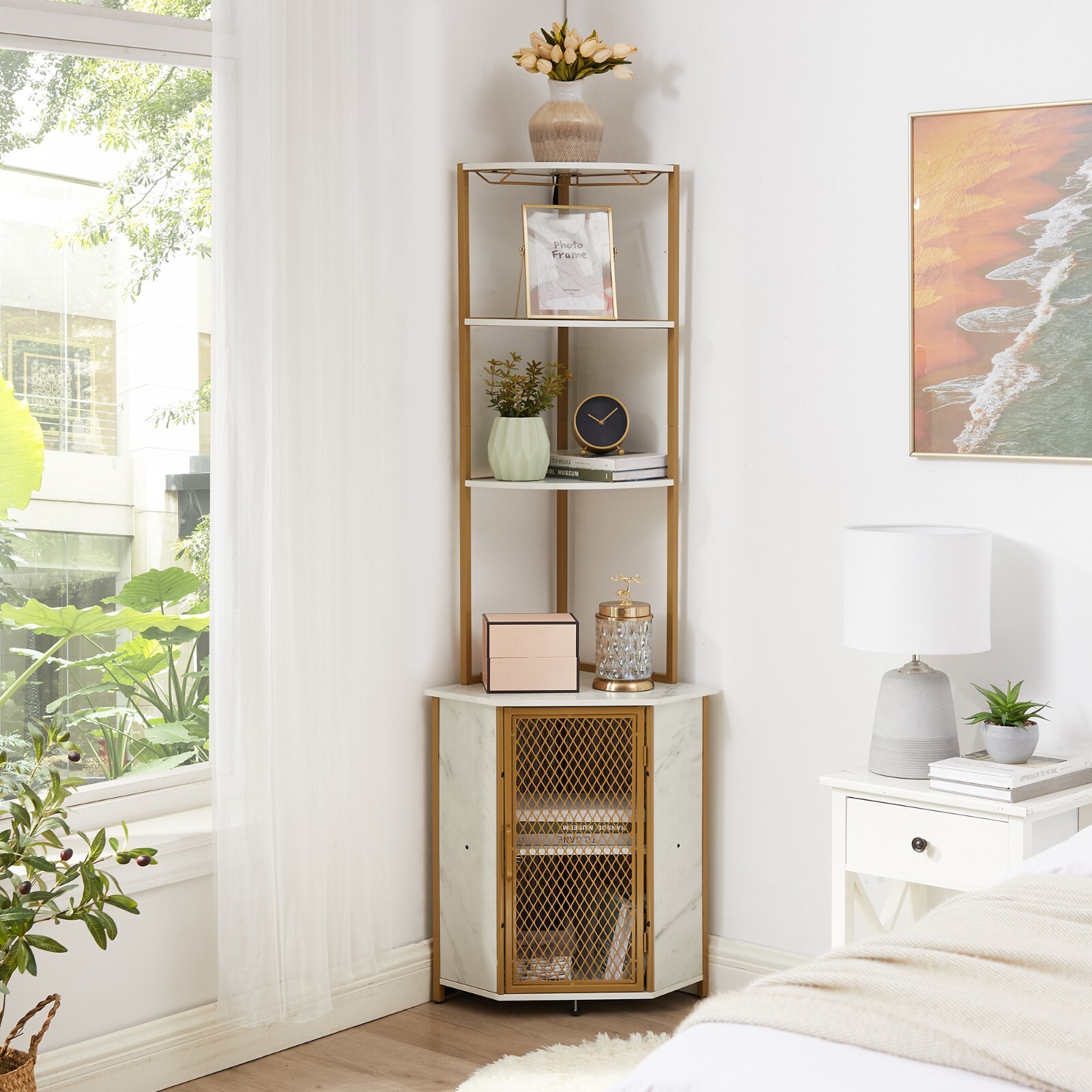 5-Tier Corner Shelf Tall Bookcase Storage Cabinet with Wine Rack Display Rack
