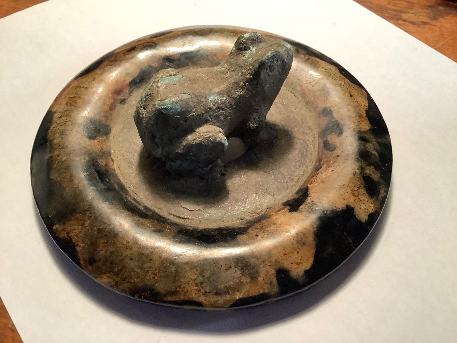 VERY OLD MING ? CHINESE ARTIFACT INCENSE CENSER LID BRONZE FROG JASPER STONE BI