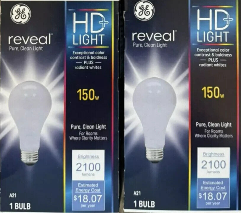 2 GE Reveal HD+ 150W Frosted A21 Light Bulbs w/Standard Medium Base