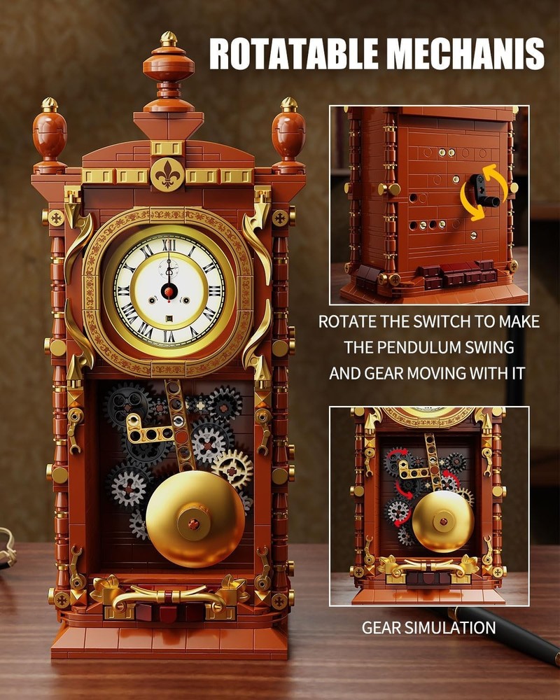 Vintage Pendulum Clock Building Block Set, Stem Toy with Real Clock Function