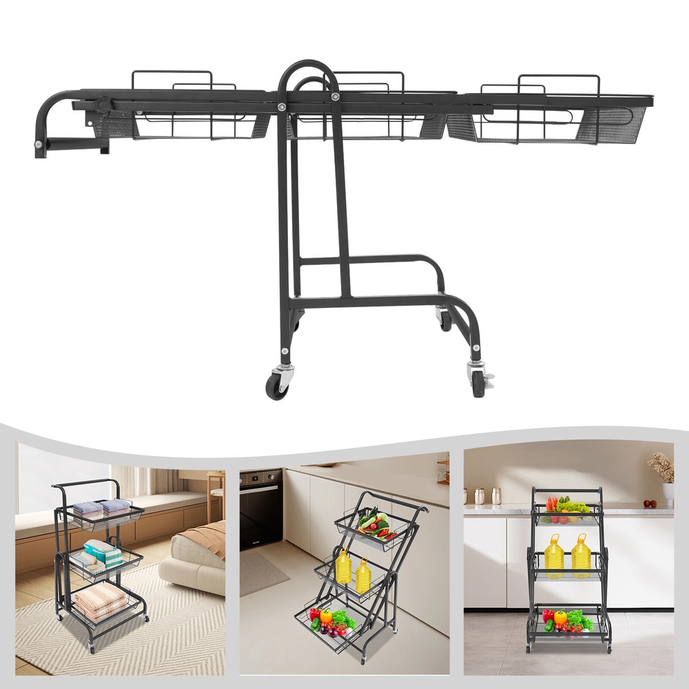 3-Tier Adjustable Metal Rolling Utility Cart, Multi-Functional Storage Cart