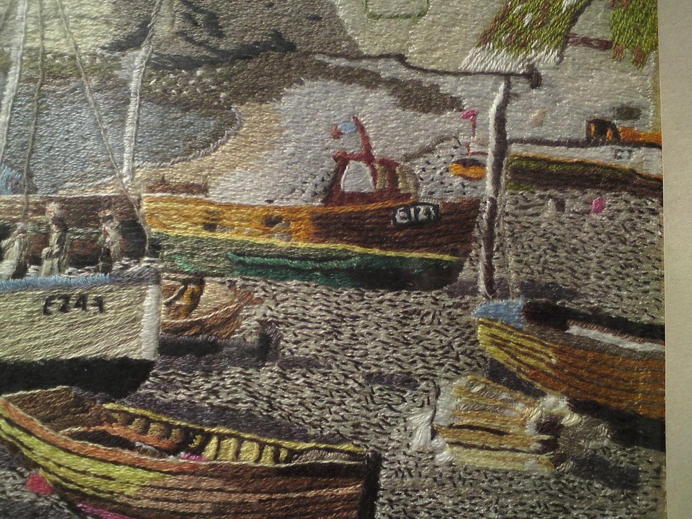 Framed Embroidery Needlework / Wool-work Picture - Beer Harbour, Seaton Devon