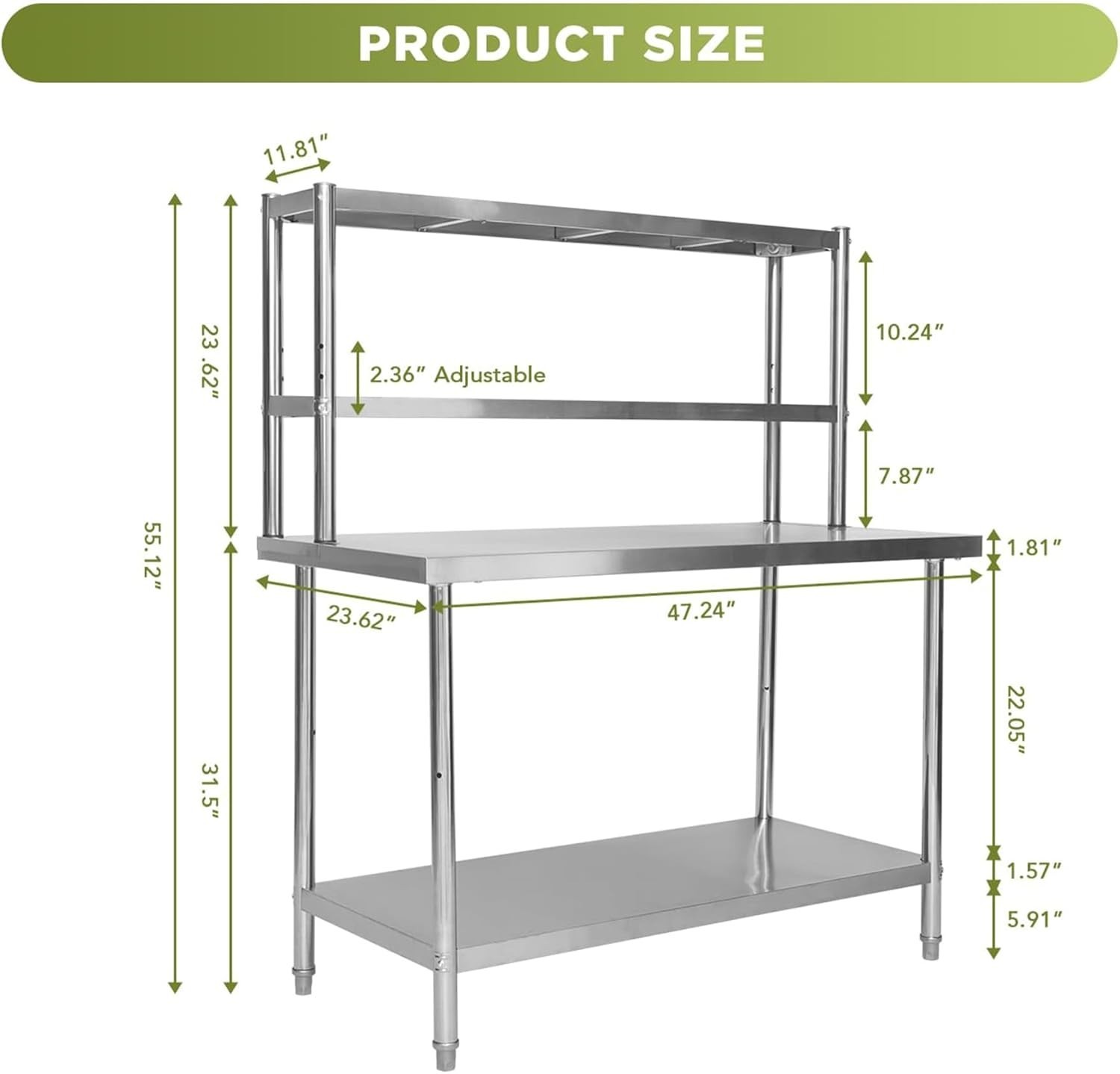48" X 24" Stainless Steel Table with Overshelves Kitchen Prep Table Adjustable