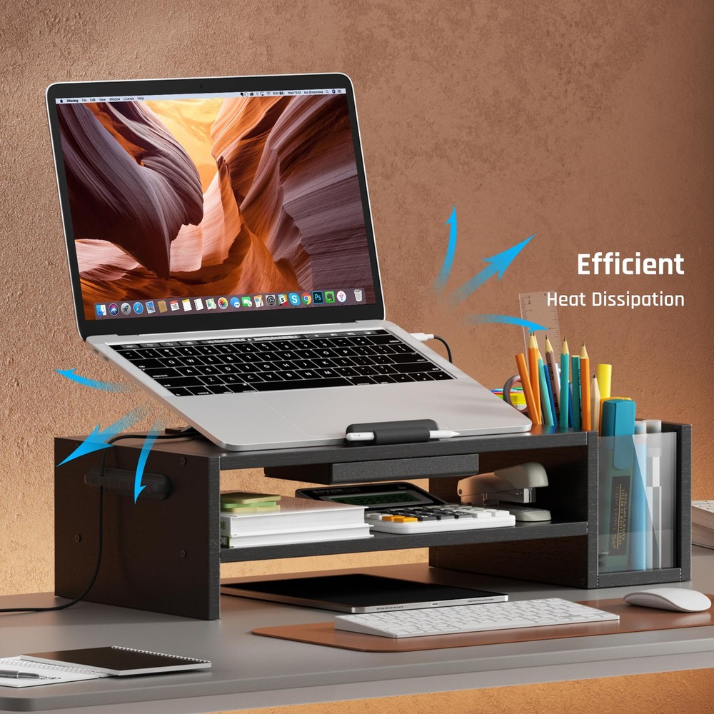 Adjustable Wood Laptop Stand, Ergonomic Height & Angle Computer Riser with Pe...