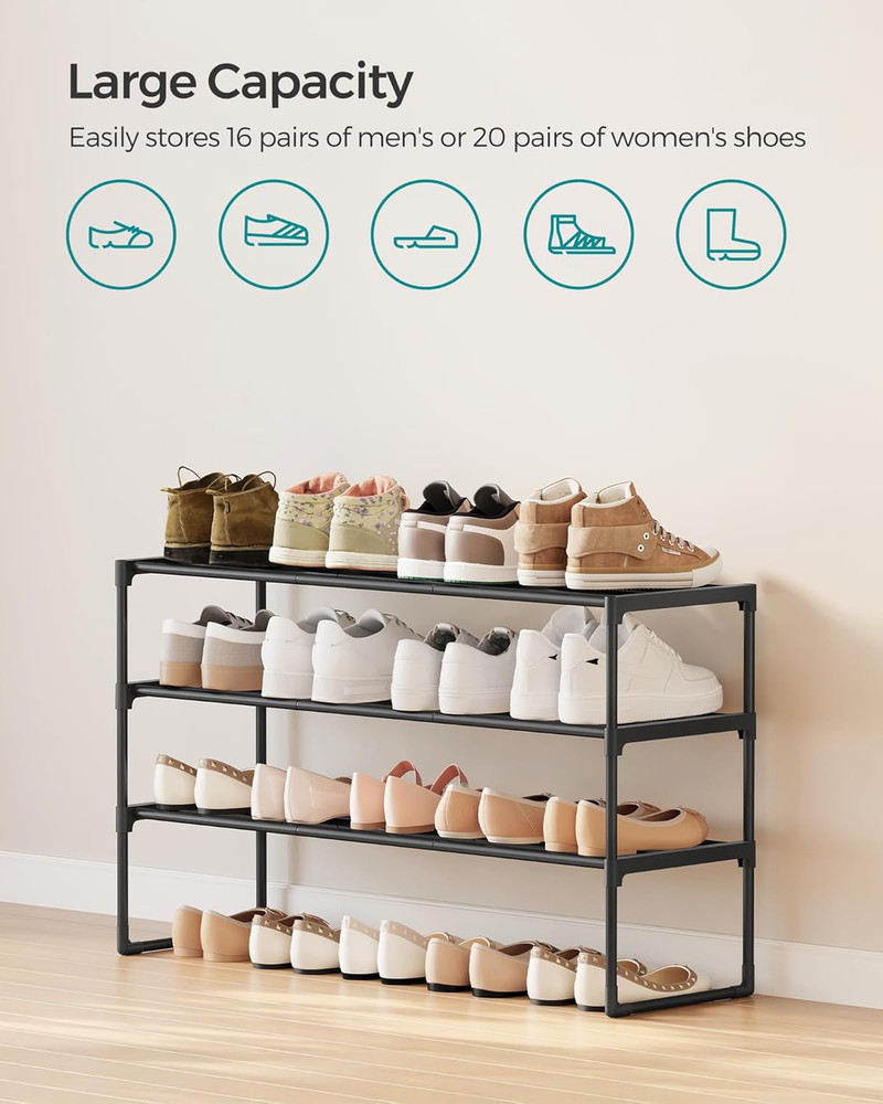 3-Tier Metal Shoe Rack, Stackable Organizer for 16-20 Pairs, Black