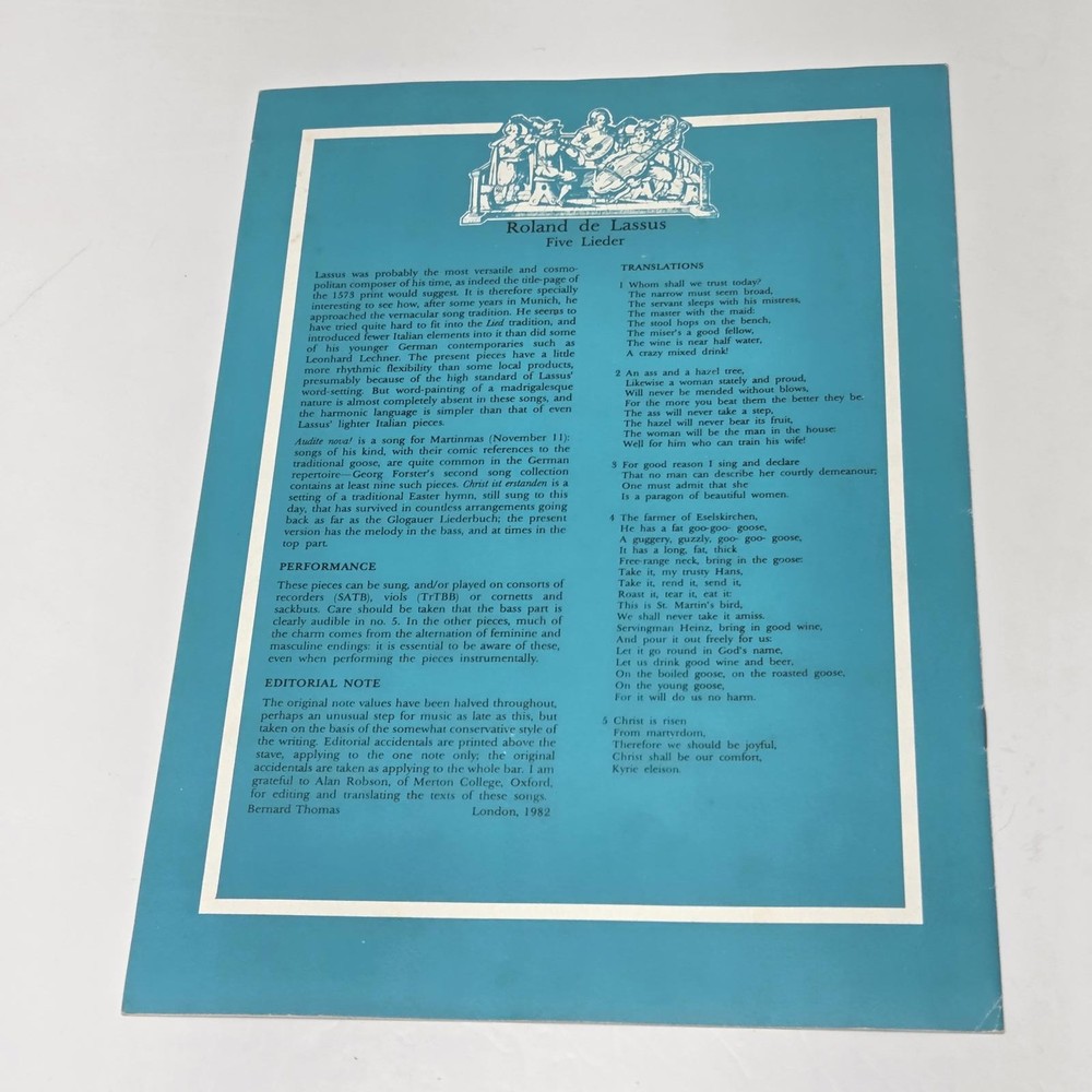 Roland de Lassus Five Lieder Music Sheet SATB