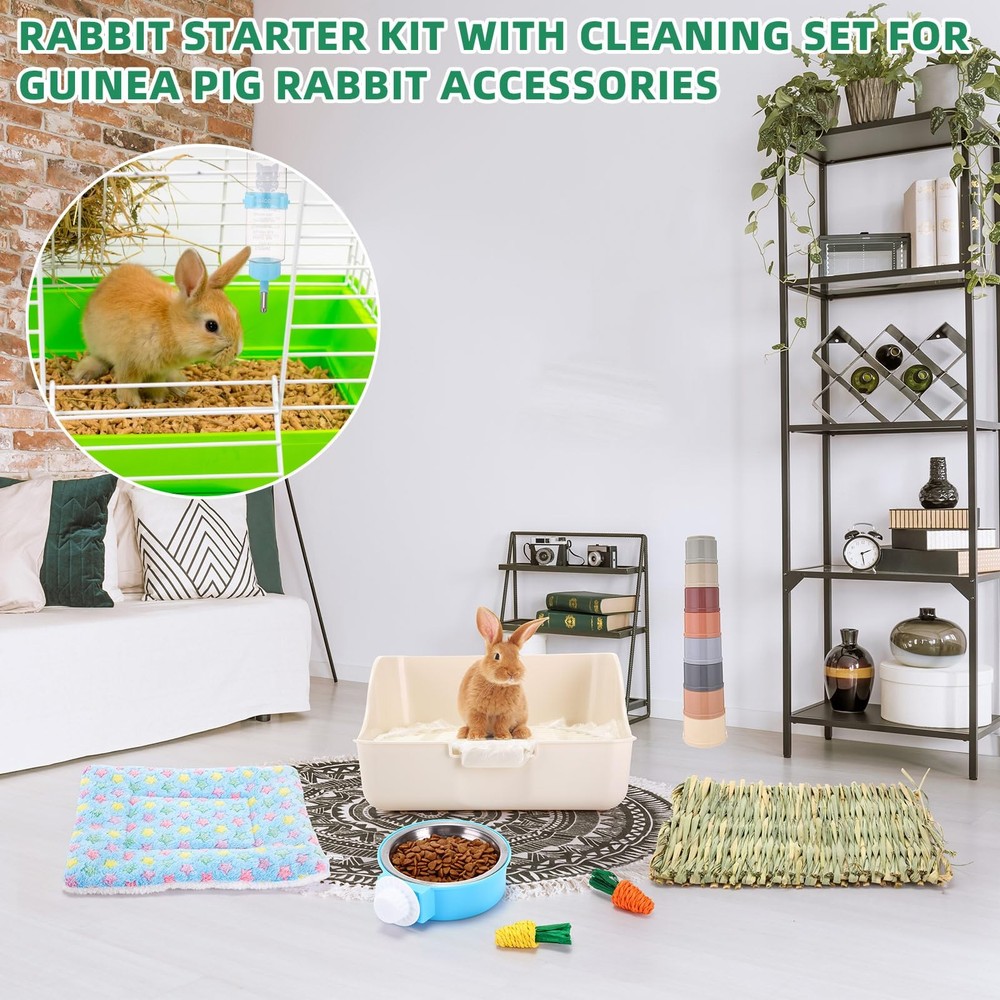 34 Pcs Rabbit Starter Kit Rabbit Litter Box Small Animal Water Bottle Stackin...