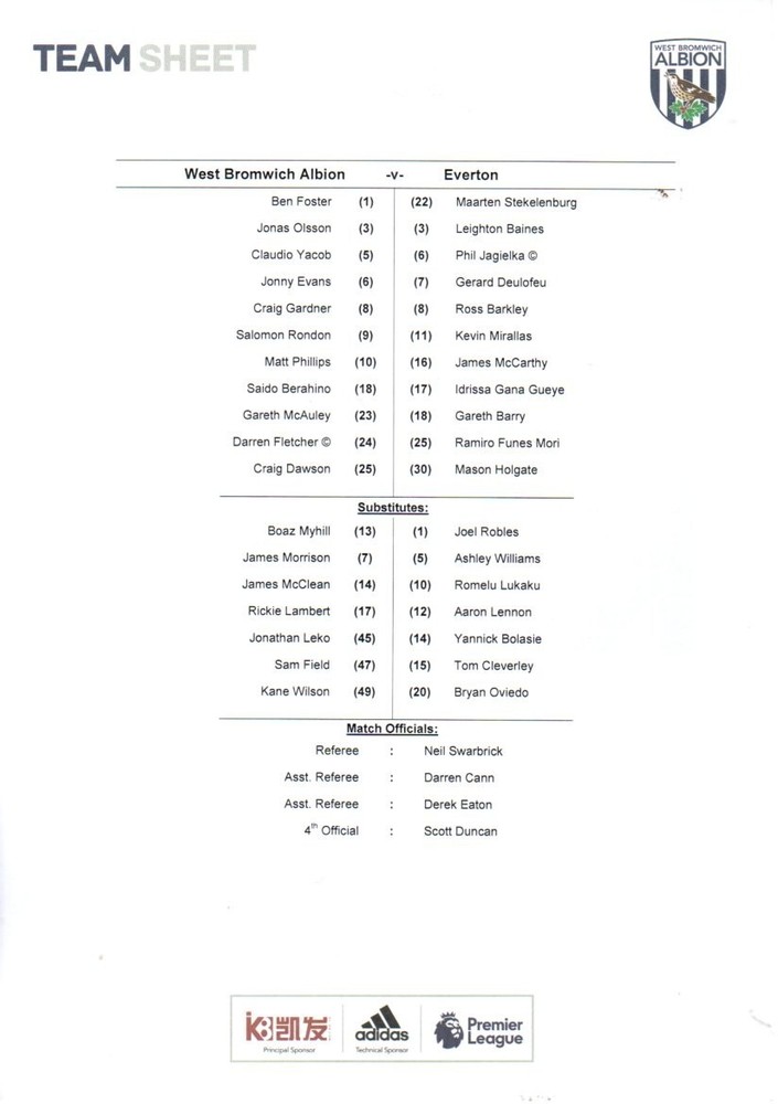 Team Sheet - West Brom v Everton 2016-17