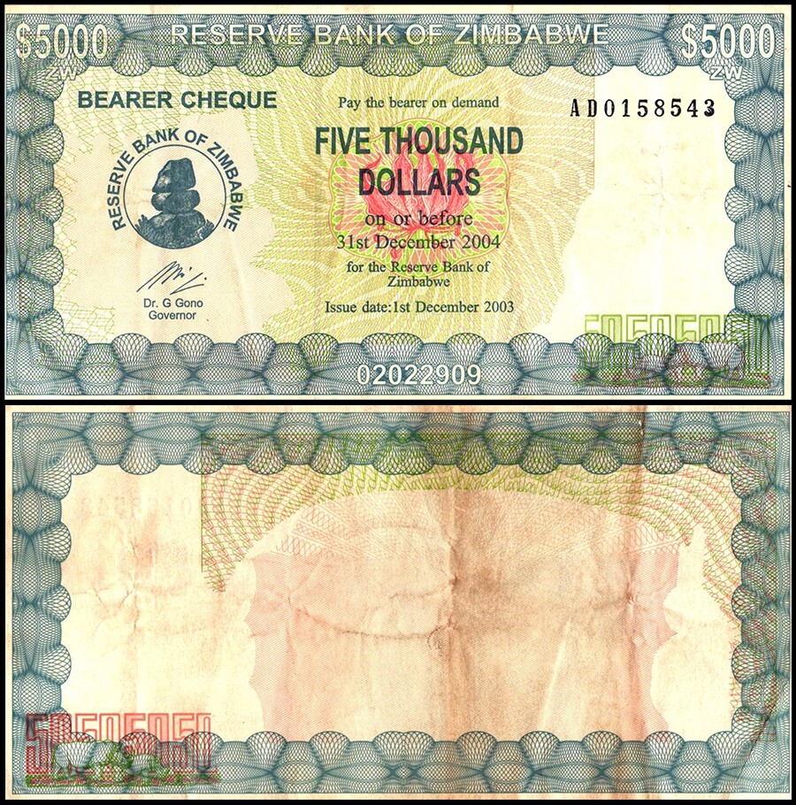 Zimbabwe 5000 Dollars Bearer Cheque, 2003, P-21, Used