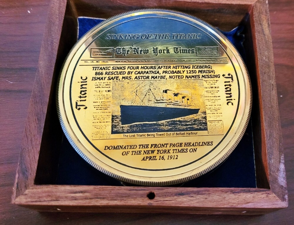 Solid Brass RMS Titanic Compass 4" In a Rosewood Box