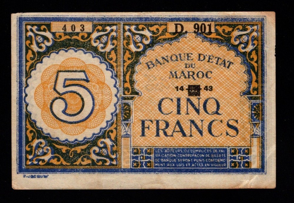 Moroco / Maroc - Old 5 Francs Note - 1943 - P33 - AU Condition