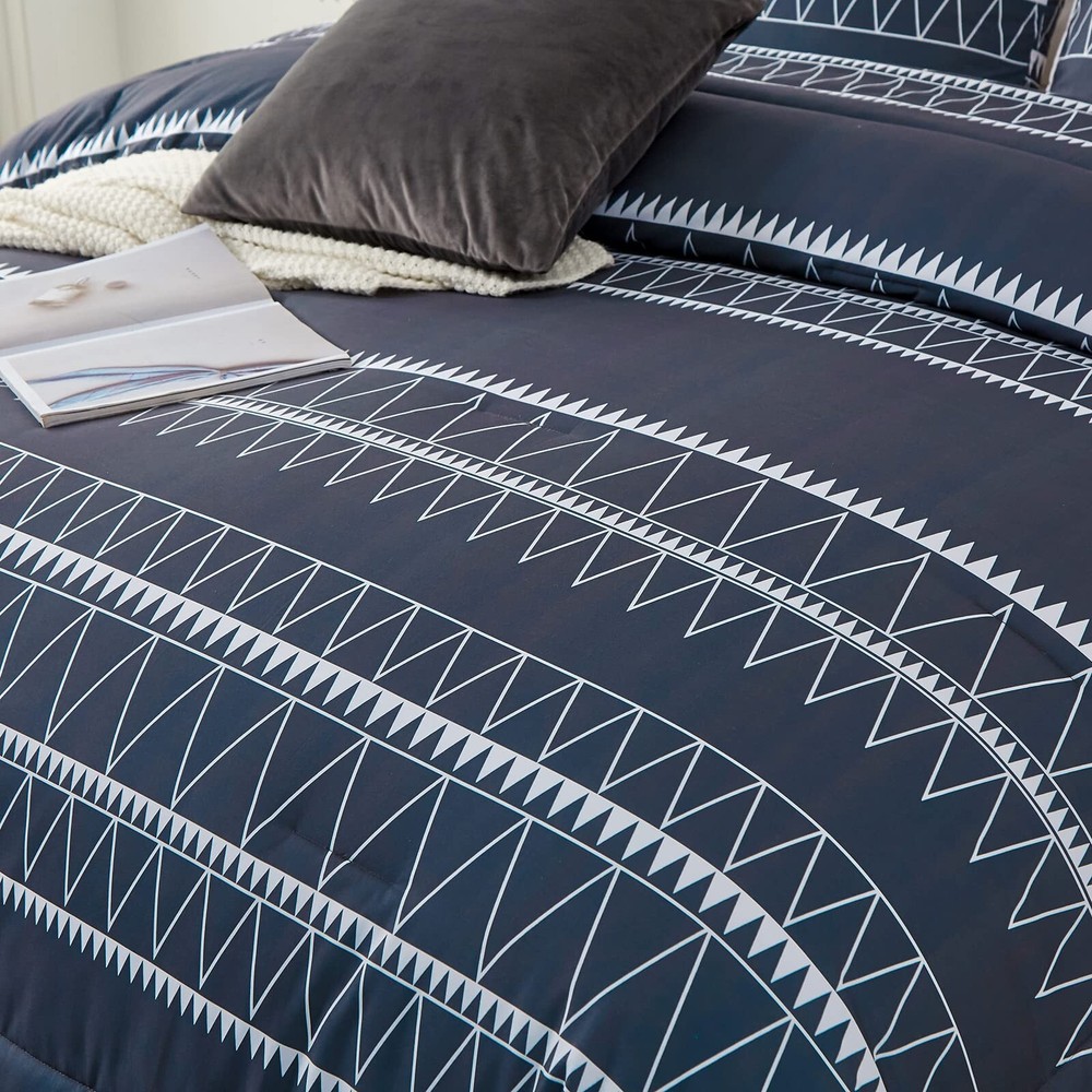 WONGS BEDDING Navy Blue Comforter Set Queen, Reversible Boho Triangle Down Al...