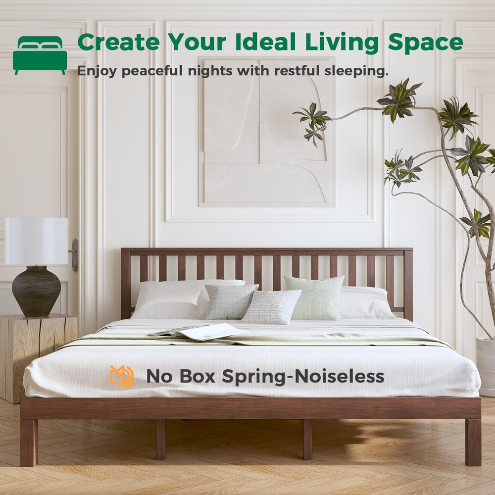 Mid Century King Size Bed Frame with Headboard, Solid Wood, Easy Assembly