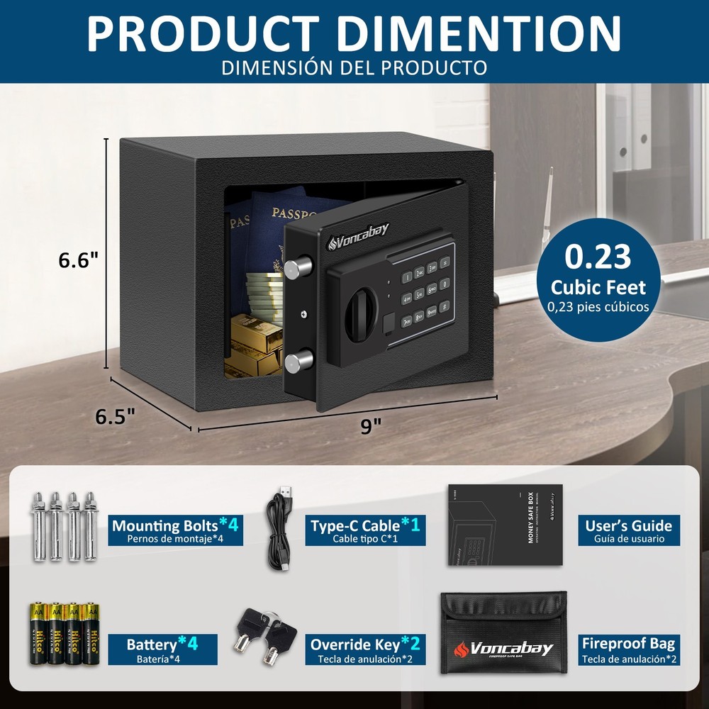 Digital Fireproof Safe Money Box Security Case Sensor Light Emergency Power Mute