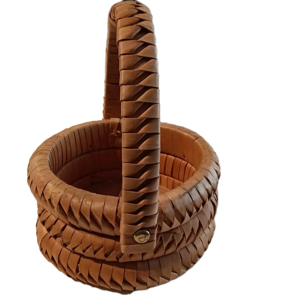 Small Vintage Bamboo Basket Triple Coils w/Handle Easter Round Boho