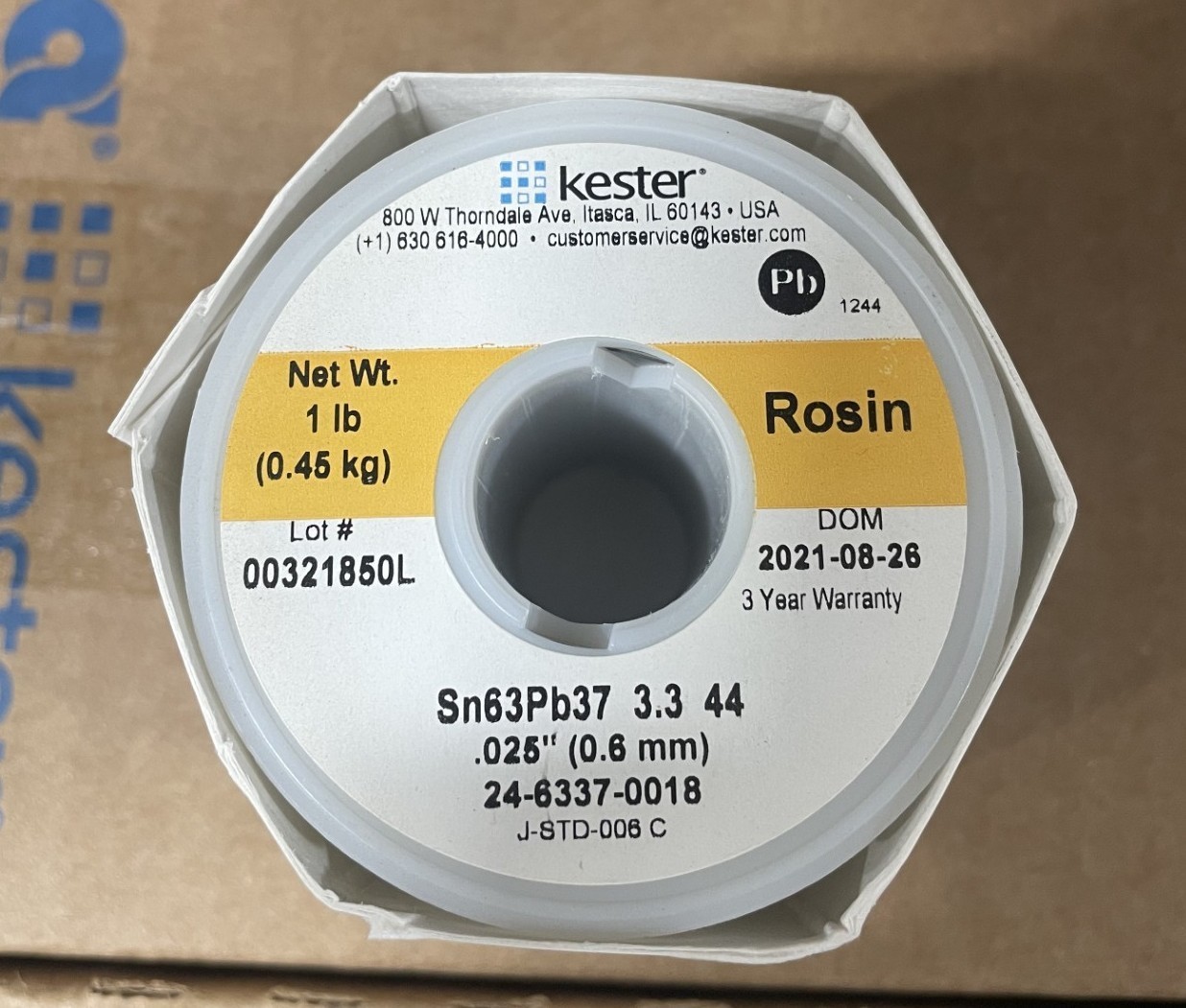 Kester 24-6337-0018 Solder Wire, Rosin Core, Leaded, Sn63Pb37, 3.3%, 0.025" Dia.