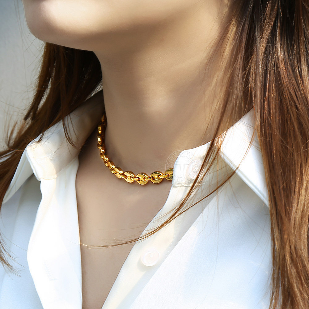 7/9/11mm Men Coffee Beans Marina Link Chain Necklace Gold Plated Stainless Steel