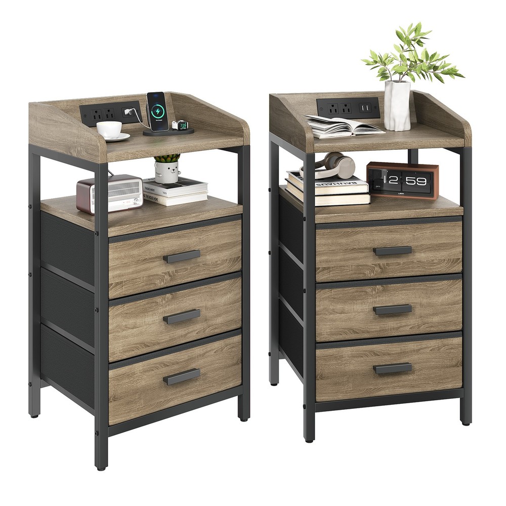 2 Pack Night Stand With Charging Station And Light Bedside End Table With 3