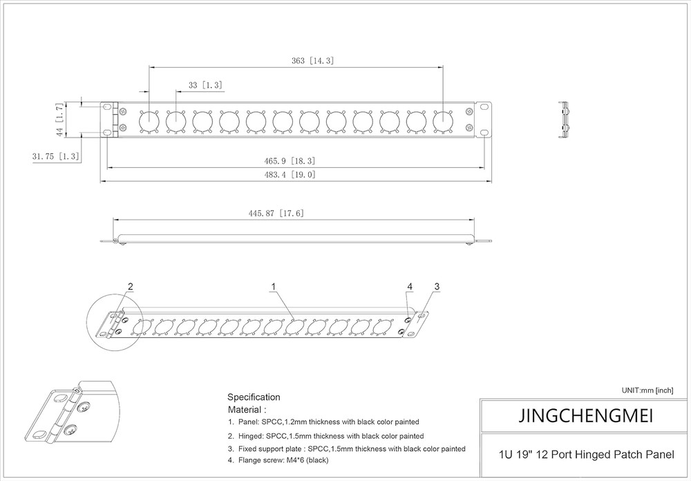 12 Port/Way/Hole Hinged Patch Panel - 1U 19" Rack Mount D-Type Connectors - Audi