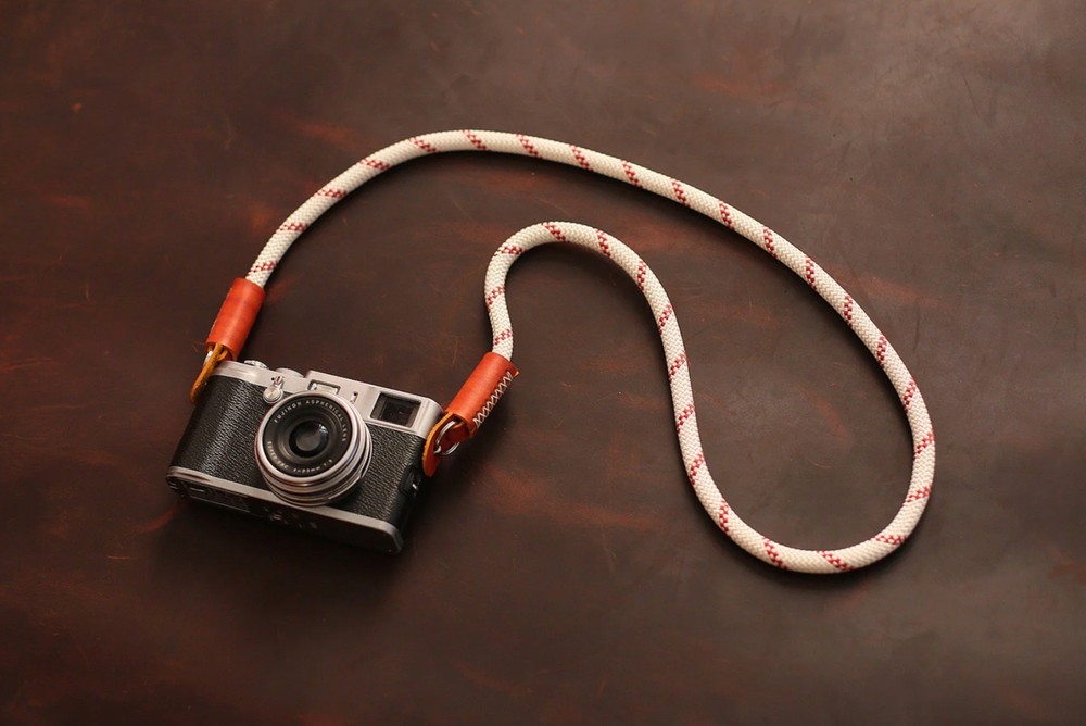 White Pattern Camera Neck Strap – Handmade Climbing Rope，Brown Leather, Vintage