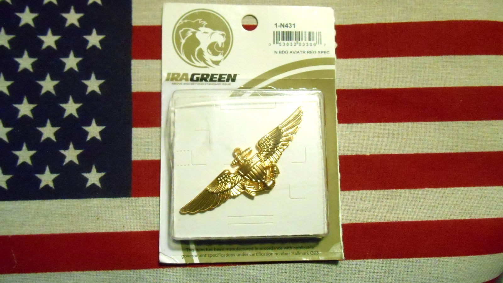 US NAVY NAVAL AVIATOR FULL SIIZE REG DRESS PILOT BADGE WINGS IRA GREEN G23 NIP