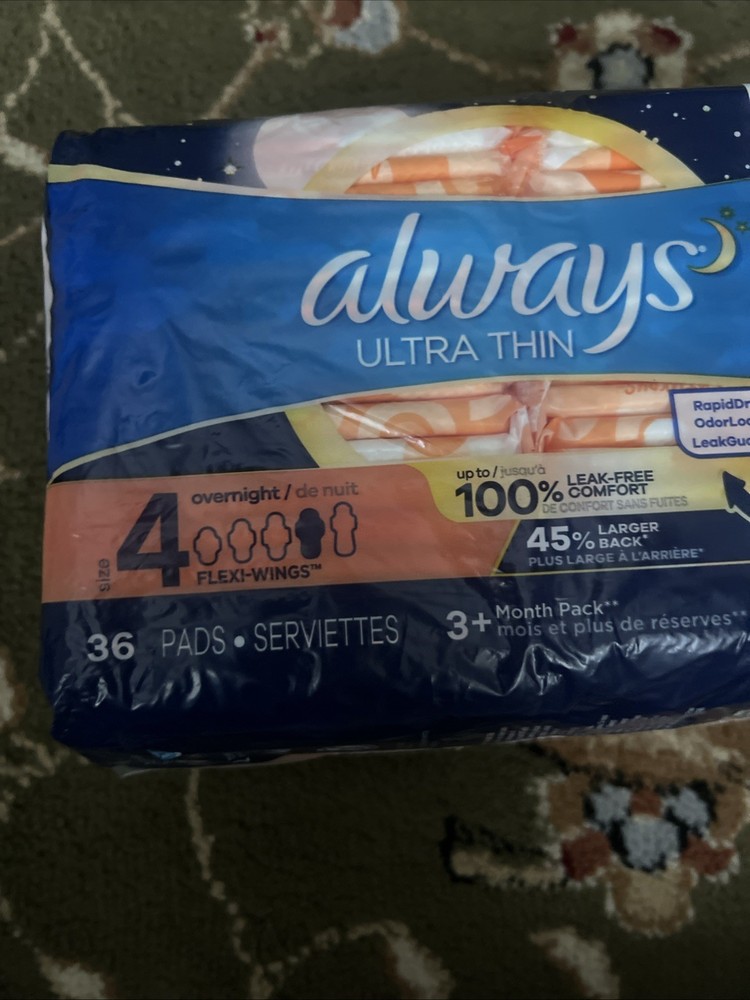 Always Ultra Thin Pads Size 4 Overnight Absorbency with Wings 36 Count