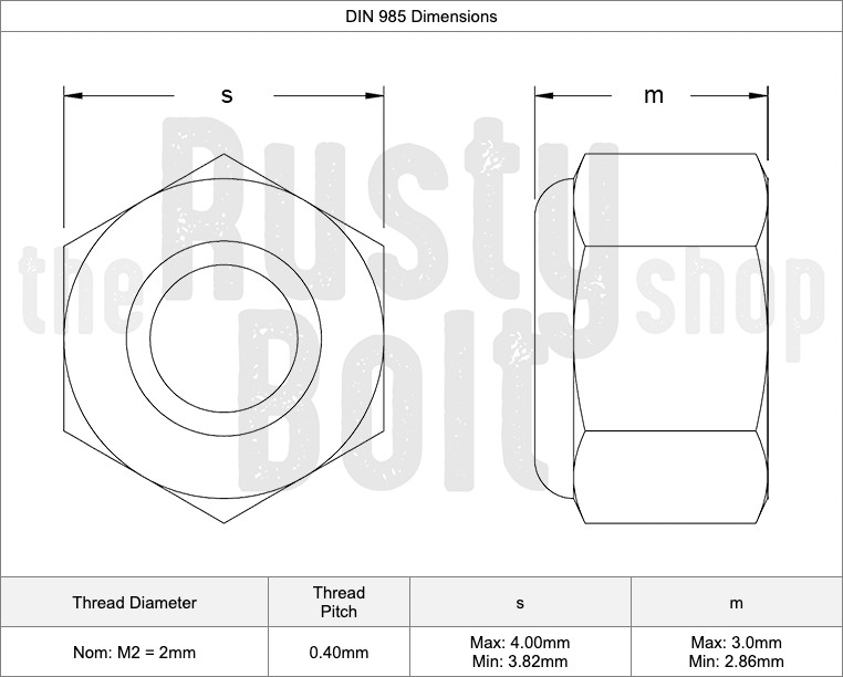 M2 Nylon Inserted Lock Nut, A2 304 18-8, Stainless Steel
