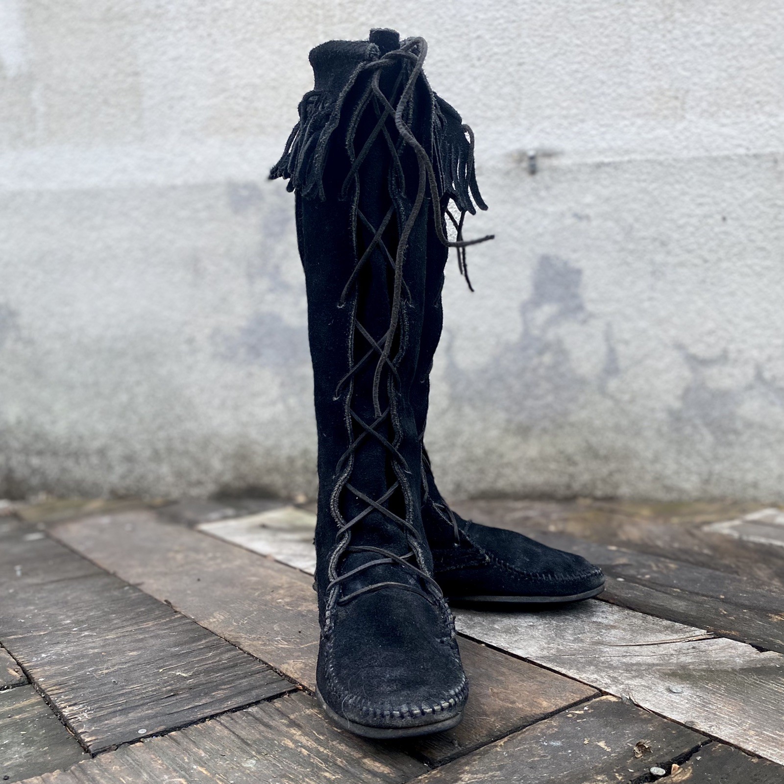 Vintage 1950s Native American Sioux Black Suede Knee High Fringe Boots Moccasins
