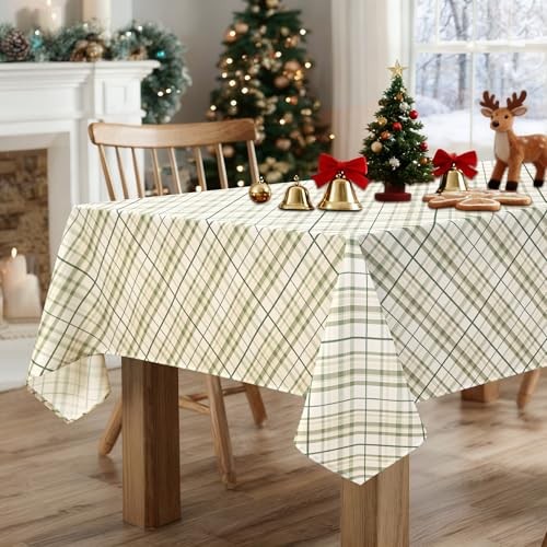 Printed New Checkered Tablecloth 84" x 60" (Rectangular) Sage Green and White