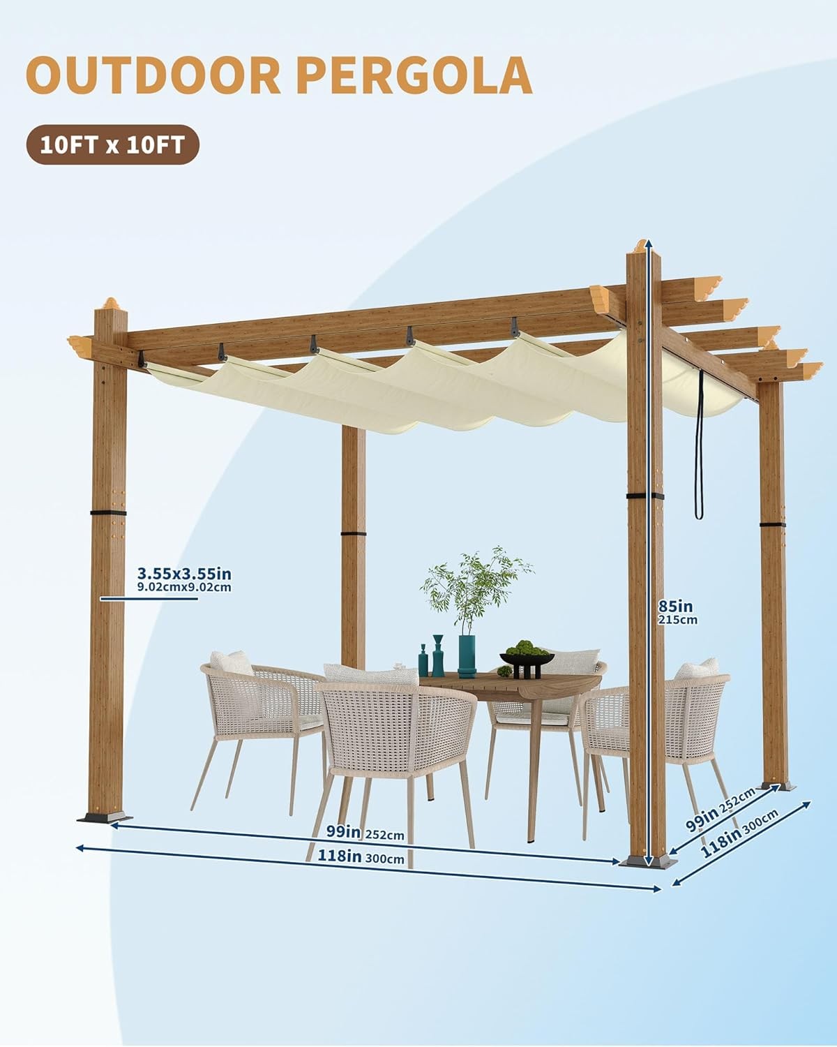 10 x 10 ft Wood-Grain Aluminum Pergola, Outdoor Pergola with Retractable Canopy
